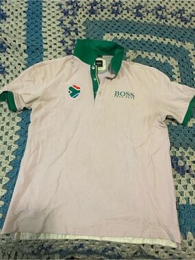BOSS Polo Shirt in Pale Pink with Green Trim